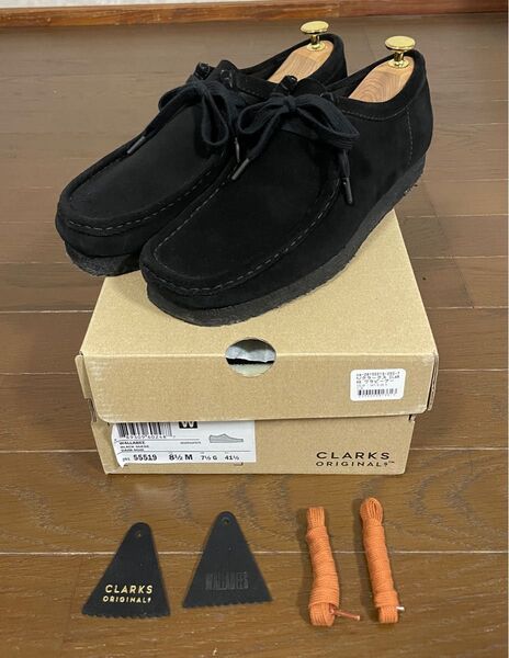 Clarks Wallabee クラークスワラビー ブラックスエード UK7 1/2 化粧箱 替え靴紐、タグつき