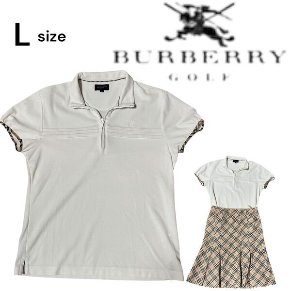 BURBERRY GOLF バーバリーゴルフ ホワイト レディース ポロシャツL 半袖 ノバてチェック柄 オシャレトップス