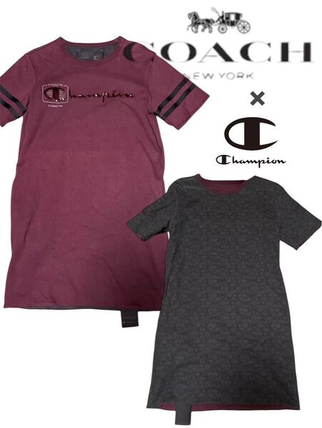 COACH◆/チャンピオン コラボリバーシブルワンピース 2ウェイ 半袖Tシャツ XSサイズ