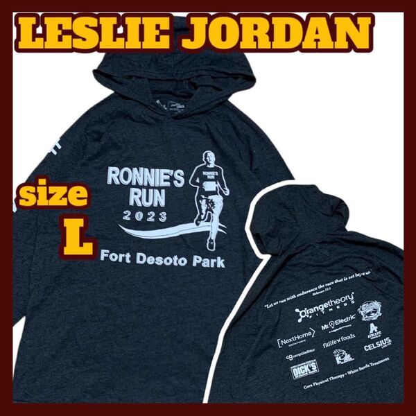 【US古着】LESLIE JORDAN 長袖 両面プリント ロンT フード付 グレー系 Lサイズ
