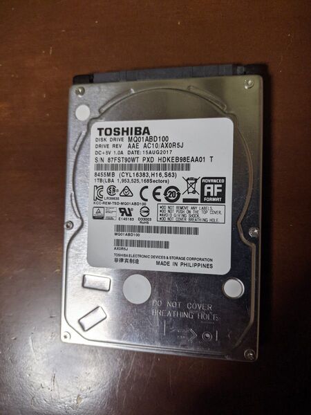 TOSHIBA MQ01ABD100 2.5インチ 1TB 5400rpm 23461時間 正常判定 SATA 東芝