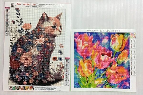 ダイヤモンドアート 完成品 セット⑰ 猫 花 チューリップ フェアリーダストビーズ入り ハンドメイド ダイヤモンドペイント