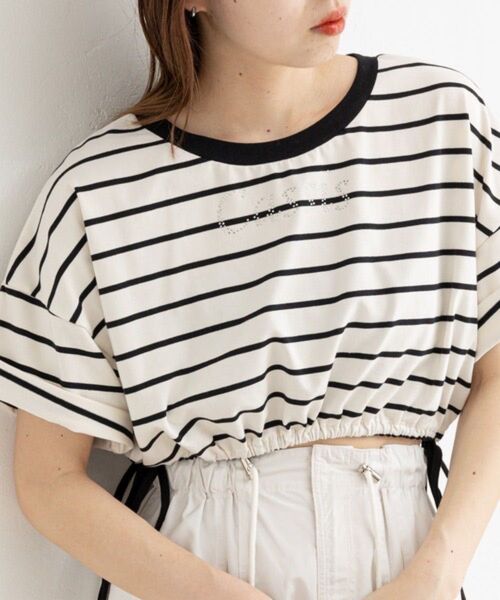 古着 Chico サイドリボン短丈ロゴT 半袖カットソー 半袖Tシャツ ボーダー柄 ショート丈 レディース