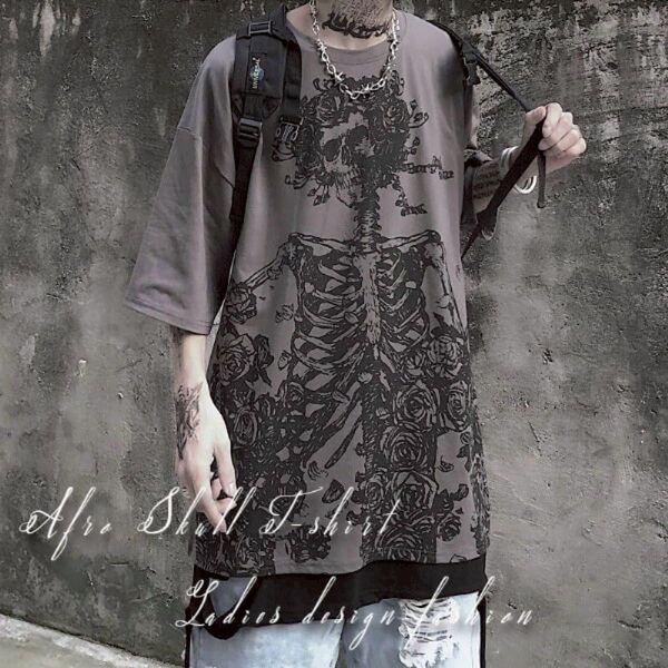 大きいサイズ グレー アフロドクロ柄 Tシャツ 半袖 トップス プリント ストリート系 スカル レディース メンズ モノトーン