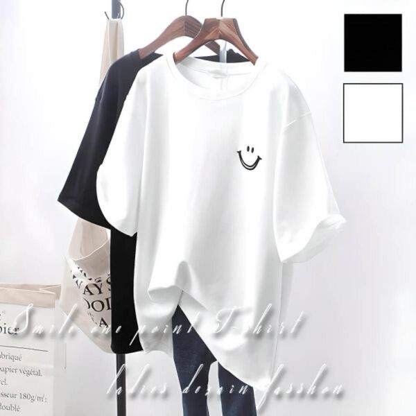 ホワイト スマイル ワンポイント プリント Tシャツ 半袖 トップス カットソー ルームウェア ゆったり 可愛い 白 レディース