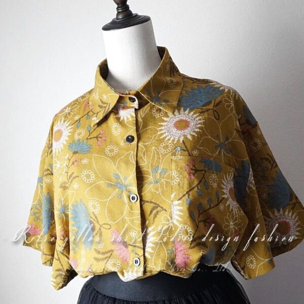 大きいサイズ くすんだ黄ベース レトロ 花柄 シャツ 半袖 綿100% コットン 総柄 イエロー ガーリー かわいい ボタニカル柄