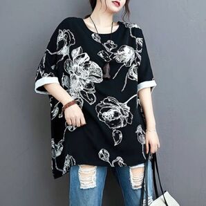 ブラック 大きいサイズ 透け感のある 薄手 花柄 ドルマンスリーブ カットソー 半袖 トップス レディース ブラウス 黒