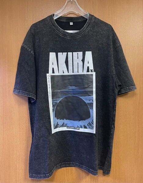 Lサイズ プリントT AKIRA 大友克洋アキラ アニメTシャツ 黒 ネオ東京 金田正太郎 島鉄雄 SF ウォッシュ 杢ブラック