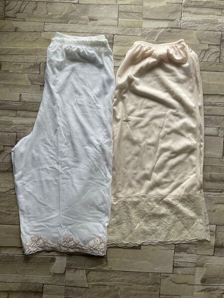 レディース ペチコート パンツ Lサイズ 2枚セット (ベージュ ・裾レース・L-55/ホワイト・裾刺繍レース・L-60)