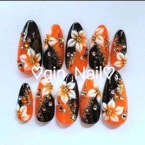 和柄 オレンジ×黒ネイル ネイルチップ オーダー 成人式 袴 振袖 前撮 ギャル