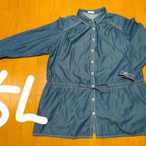 MINUIT De PARIS ソフトデニムシャツ5L:インディゴブルー:大きいサイズ:チュニック:ウエストマーク:ブラウス:6L