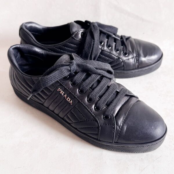 【PRADA プラダ】レザースニーカー オールブラック 本革 23.5cm