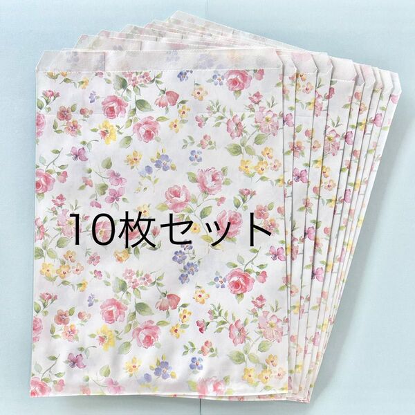 新品■10枚 約18cm× 23cm プレゼント ラッピング 紙袋 ギフト用平袋 HEIKO ロマネスク 花柄 フラワー デザイン