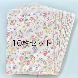新品■10枚 約18cm× 23cm プレゼント ラッピング 紙袋 ギフト用平袋 HEIKO ロマネスク 花柄 フラワー デザイン
