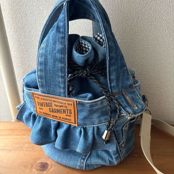 ハンドメイド ハンドバッグ 2WAY ショルダーバッグ トートバッグ フリルトート リメイクデニム デニム バッグ ハンドバッグ