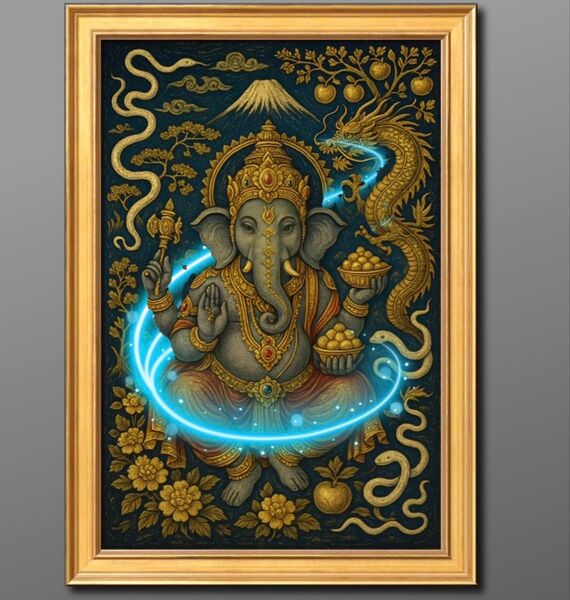 運気を呼ぶガネーシャ 額縁付き 健康運、金運を開運するインテリア絵画グラフィック