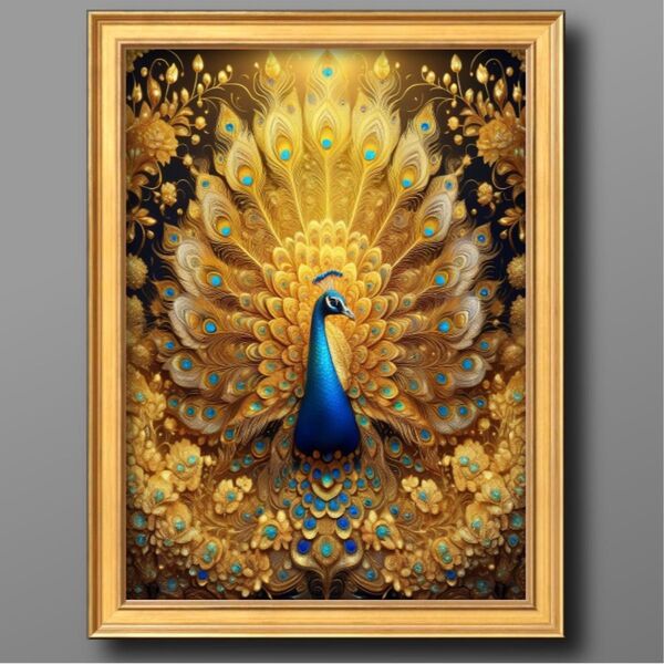 幸福と金運アップの孔雀 額縁付き開運風水ヒーリング 開運絵画グラフィックアート