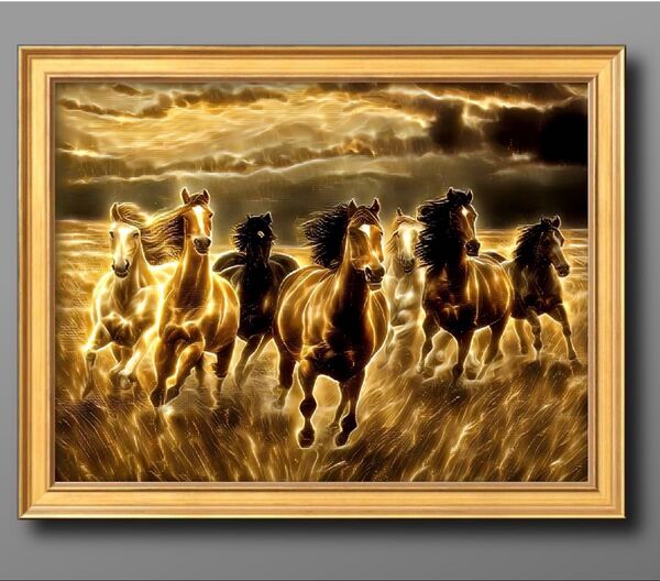 調和と勢いの7頭馬 額縁付き 開運風水ヒーリング 開運絵画グラフィックアート