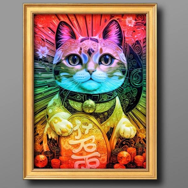 虹色の招き猫 額縁付き 開運風水ヒーリング 幸福絵画グラフィックアート