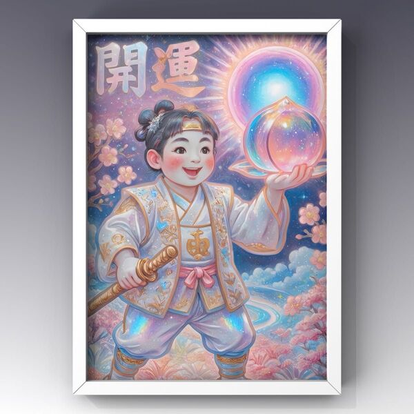 開運の桃太郎 額縁付き 開運風水ヒーリング 開運絵画グラフィックアート