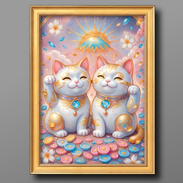 運気アップの招き猫夫婦 幸運アイテム 開運する額縁付きグラフィック