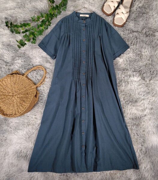 アズノゥアズ◎ロングワンピース 上品プリーツ バンドカラー 半袖 極美品 リネンブレンド シャツワンピース