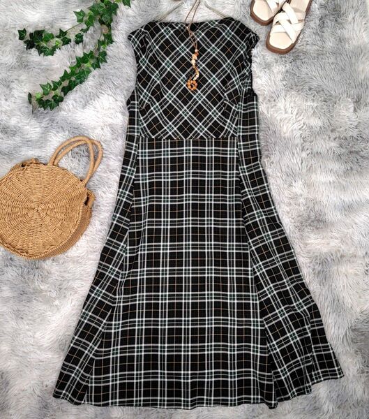 ザラ◎ノースリーブ ロングワンピース(XL)チェック マキシ丈 ボートネック