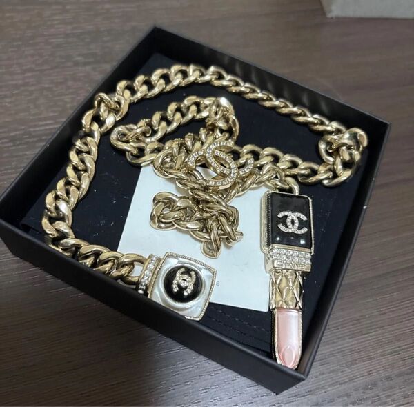 刻印あり CHANEL シャネル リップスティック ココマーク チェーンネックレス ペンダント チョーカー 金 黒