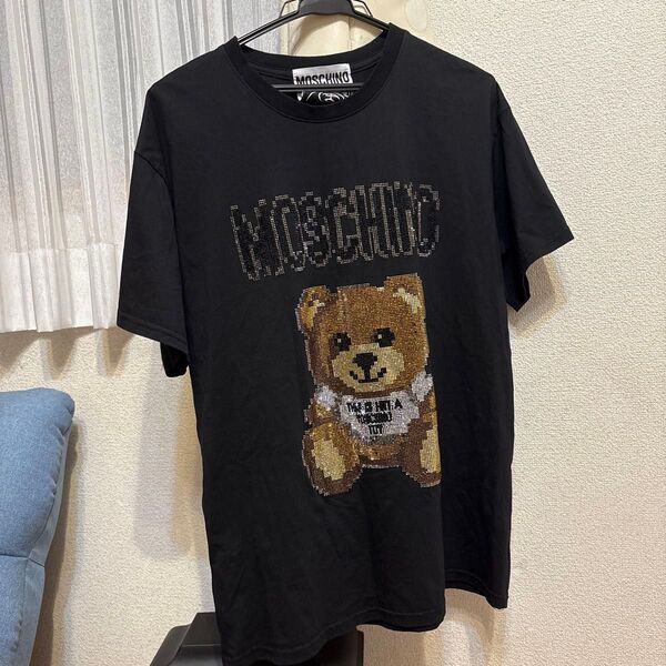 MOSCHINO モスキーノ スパンコール クマ ブラック Tシャツ 黒 レア XL テディベア ストーン刺繍