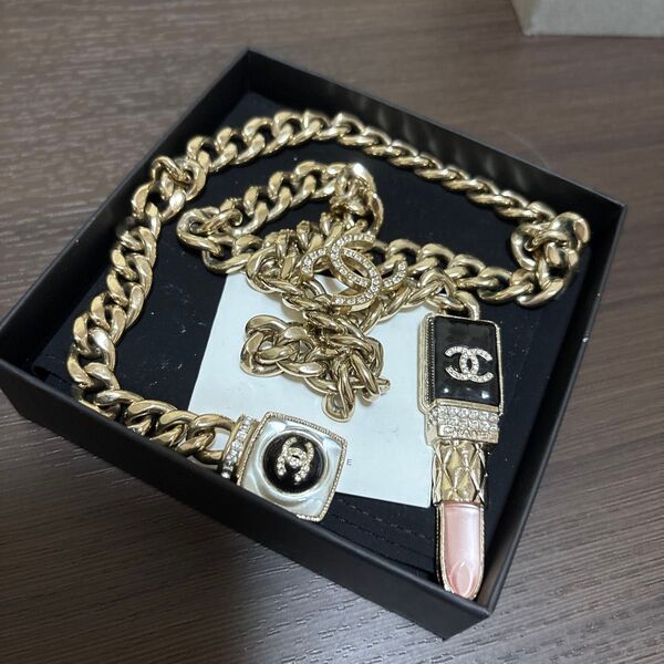 CHANEL シャネル リップスティック ココマーク チェーンネックレス ペンダント チョーカー 金 黒