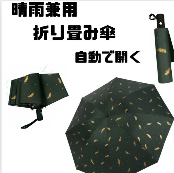 晴雨兼用 折りたたみ傘 緑 羽 自動開閉 日傘 雨傘 8本骨 UVカット UPF+50 紫外線対策 遮光 ワンタッチ