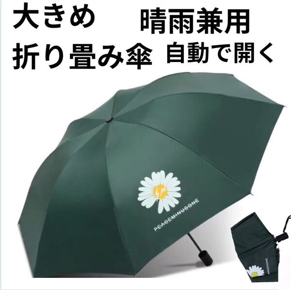 晴雨兼用 折りたたみ傘 緑 自動開閉 8本骨 日傘 雨傘 UVカット 日除け 紫外線対策 遮光 ワンタッチ 大きめ UPF+50