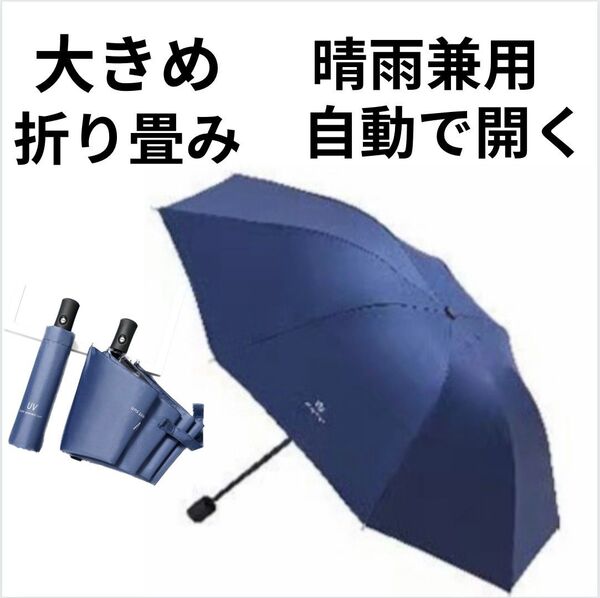 晴雨兼用 折りたたみ傘 紺 無地 8本骨 自動開閉 日傘 雨傘 UVカット UPF50+ 紫外線対策 遮光 ワンタッチ 大きめ
