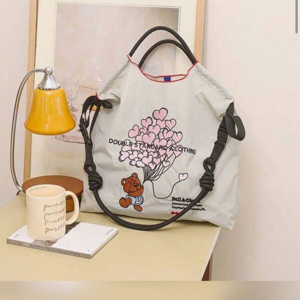 ハートバルーン くま柄 刺繍エコバッグトートバック ストラップ付き