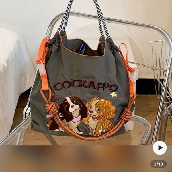 犬柄刺繍バック トートバック ナイロン製 エコバッグ新品未使用 ストラップ付き