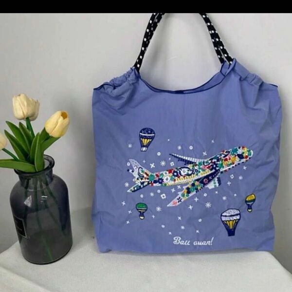 飛行機柄 花柄 刺繍バッグ エコバッグ トートバッグ サイズM
