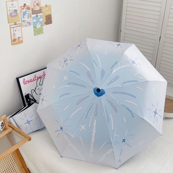 新品 折り畳み傘 花火 ブルー系 オシャレ 男女兼用 晴雨兼用傘 雨傘 日傘 UVカット 丈夫 紫外線遮断 便利 手動タイプ