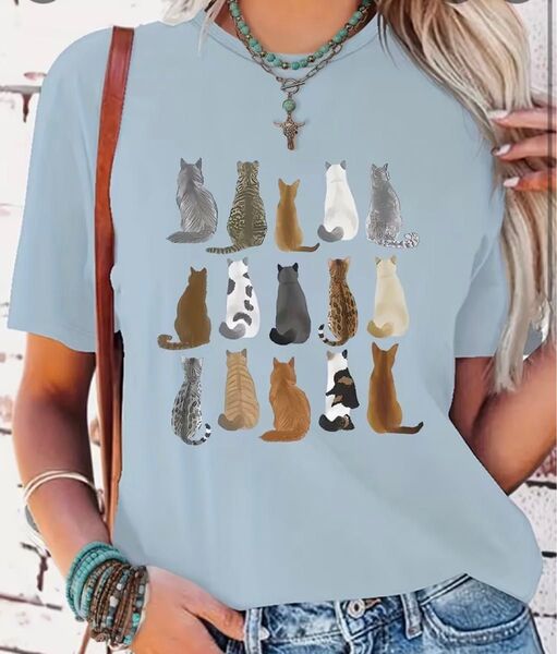 バックショット猫ちゃん♪ 猫柄 半袖Tシャツ ブルー Lサイズ