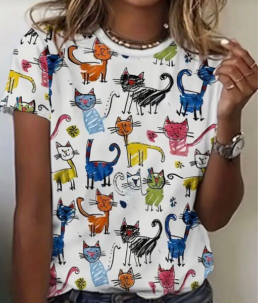 カラフル猫ちゃん♪ 猫柄 半袖Tシャツ Lサイズ