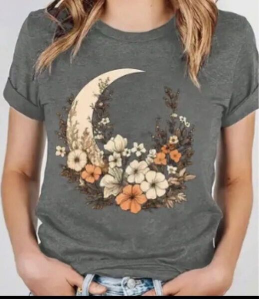 お花とお月様 花柄 半袖Tシャツ グレー Lサイズ