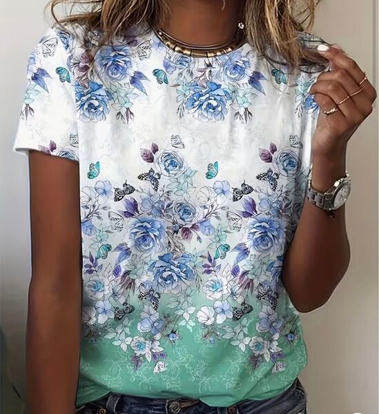 バラと蝶々♪ 花柄 半袖Tシャツ ブルー Lサイズ
