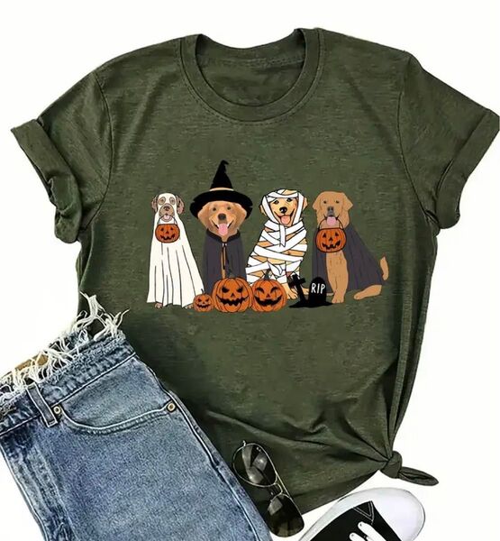 ハロウィンワンちゃん♪ 犬柄 半袖Tシャツ モスグリーン Mサイズ
