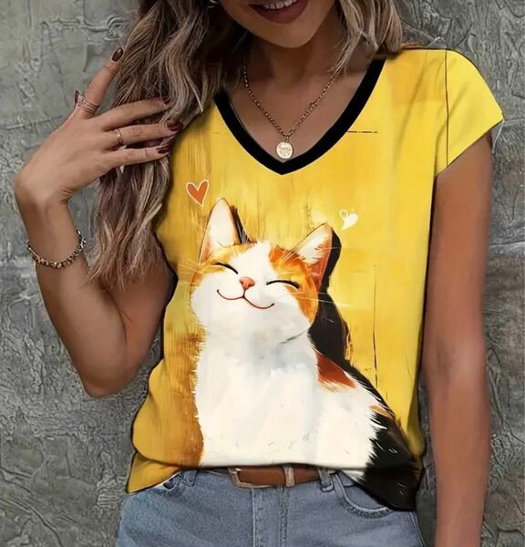 ニッコリにゃんこ♪ 猫柄 Tシャツ 短袖 Lサイズ