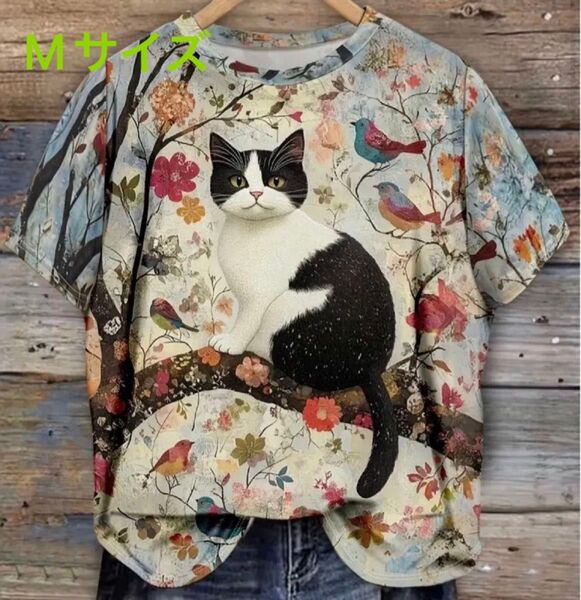 ハチワレ猫ちゃん♪ 猫柄 半袖Tシャツ Mサイズ