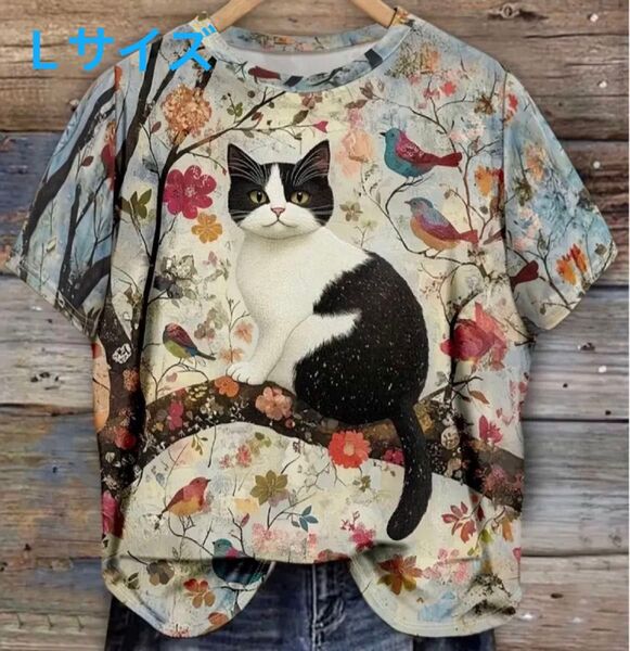 ハチワレ猫ちゃん♪ 猫柄 半袖Tシャツ Lサイズ