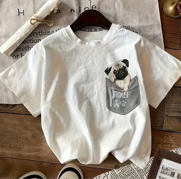 ポケットパグちゃん♪ 犬柄 半袖Tシャツ Mサイズ