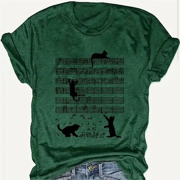 猫柄 半袖Tシャツ グリーン Lサイズ