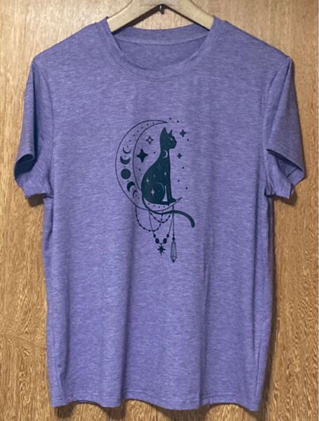 猫柄 半袖Tシャツ パープル Lサイズ