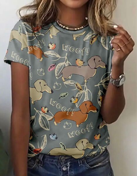 犬柄 半袖Tシャツ ダックスフント Lサイズ