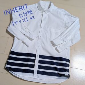 INHERIT ボーダー柄シャツ 七分袖ホワイト/ネイビー【サイズ】42